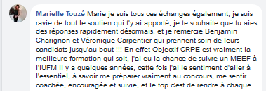 En effet Objectif CRPE est vraiment la meilleure formation qui soit, j'ai eu la chance de suivre un MEEF à l'IUFM il y a quelques années, cette fois j'ai le sentiment d'aller à l'essentiel, à savoir me préparer vraiment au concours, me sentir coachée...