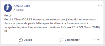 Merci ! Merci à Objectif CRPE et mes examinateurs que j'ai eu durant mes oraux blancs, je passe de petite bête apeurée allant à la fosse aux lions à conquérante prête à répondre aux questions !