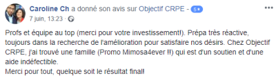 Profs et équipe au top. Prépa très réactive, toujours dans la recherche de l'amélioration pour satisfaire nos désirs. Chez Objectif CRPE, j'ai trouvé une famille qui est d'un soutien et d'une aide indéfectible. Merci pour tout !