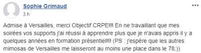 Admise à Versailles, merci Objectif CRPE ! En ne travaillant que mes soirées vos supports, j'ai réussi à apprendre plus que je n'avais appris il y a quelques années en formation présentielle !!!