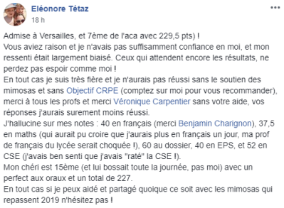 Admise à Versailles et 7ème de l'aca avec 229,5 pts ! [...] Je suis très fière et je n'aurais pas réussi sans le soutien des mimosas et sans Objectif CRPE [...] J'hallucine sur mes notes : 40 en français, 37,5 en maths, 60 au dossier, 40 en EPS, 52 en CSE