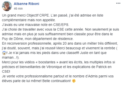 Un grand merci Objectif CRPE [...] En reconversion professionnelles, [...] j'ai douté, souvent, mais j'ai réussi ! Merci beaucoup et vivement la rentrée [...] Je vente votre professionnalisme partout et le nombre d'admis parmi vos élèves parle de lui même