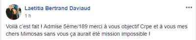 Voilà c'est fait ! Admise 5ème/189 merci à vous Objectif CRPE et à vous mes chers Mimosas sans vous ça aurait été mission impossible !