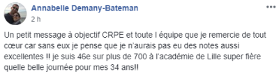 Un petit message à Objectif CRPE et toute l'équipe que je remercie de tous coeur car sans eux je pense que je n'aurais pas eu des notes aussi excellentes !! Je suis 46e sur plus de 700 à Lille super fière quelle belle journée pour mes 34 ans !!