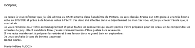 Je vous remercie pour votre accompagnement et pour toutes les ressources qui m'ont permis d'être préparée pour les oraux et de comprendre les attentes du jury. Etant candidate libre, j'avais vraiment besoin d'être guidée à ce niveau-là.