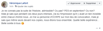 Je ne connais pas la suite de l'histoire [...] PES en septembre ? Ou non ? Mais je sais que pendant ces deux jours intenses, j'ai eu l'impression qu'il y avait un lien invisible entre chacun d'entre nous [...] Quelle belle expérience.