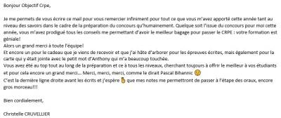 Quelque soit l’issue du concours pour moi cette année, vous m’avez prodigué tous les conseils me permettant d’avoir le meilleur bagage pour passer le CRPE : votre formation est géniale!