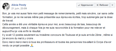 Sans cette formation, je ne me serai pas présentée aux épreuve écrites, trop submergée par la dose de travail [...] Donc merci merci merci à tous les professeurs et toutes les personnes travaillant à Objectif CRPE d'avoir rendu ce projet possible