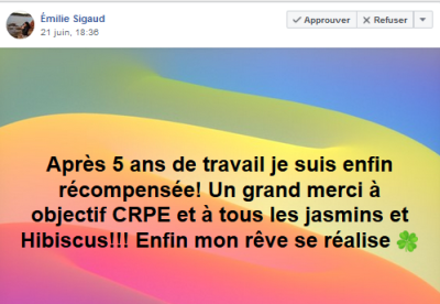 Après 5 ans de travail, je suis enfin récompensée ! Un grand merci à Objectif CRPE et à tous les Jasmins et Hibiscus ! Enfin mon rêve se réalise