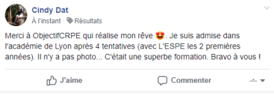 Merci à Objectif CRPE qui réalise mon rêve. Je suis admise dans l'académie de Lyon après 4 tentatives (avec l'ESPE les 2 premières années). Il n'y a pas photo... C'était une superbe formation. Bravo à vous !