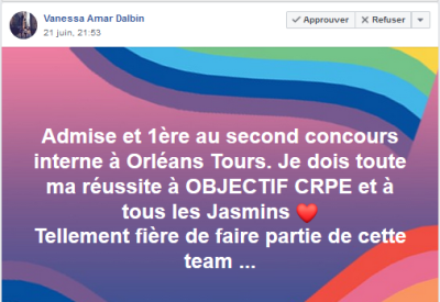 Admise et 1ère au second concours interne à Orléans Tours. Je dois toute ma réussite à Objectif CRPE et à tous les Jasmins !  Tellement fière de faire partie de cette Team...