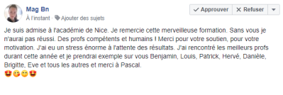 Je remercie cette merveilleuse formation. Sans vous, je n'aurai pas réussi. Des profs compétents et humains ! Merci pour votre soutien, pour votre motivation. J'ai rencontré les meilleurs profs durant cette année et je prendrai exemple sur vous...