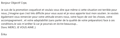 Je voulais également vous remercier pour votre attitude envers nous, votre façon de voir les choses, votre accompagnement , et votre adaptabilité (sans parler de la qualité de votre préparation) face à ces conditions.