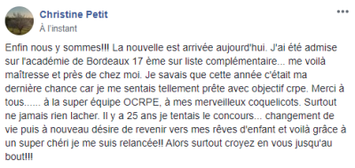 Enfin nous y sommes !!! La nouvelle est arrivée aujourd'hui : j'ai été admise sur l'académie de Bordeaux, 17ème sur liste complémentaire... me voilà maîtresse et près de chez moi. Merci à tous...