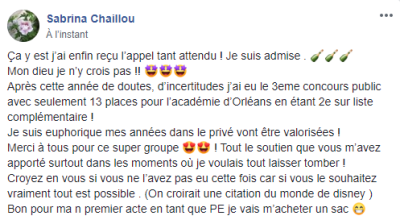 Ça y est j'ai enfin reçu l'appel tant attendu ! Je suis admise. Mon dieu je n'y crois pas !! Après cette année de doutes et d'incertitudes, j'ai eu le 3ème concours avec seulement 13 places pour l'académie d'Orléans.