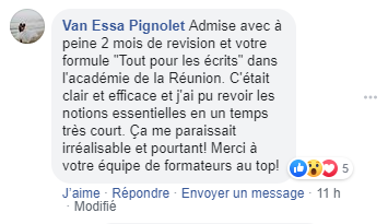 Admise avec à peine 2 mois de révision et votre formule "Tout pour les écrits". C'était clair, efficace et j'ai pu revoir les notions essentielles en un temps très court. Merci à votre équipe de formateurs au top !