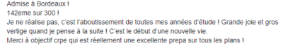 Admise à Bordeaux ! Je ne réalise pas, c'est l'aboutissement de toutes mes années d'étude ! Merci à Objectif CRPE qui est réellement une excellente prépa sur tous les plans !