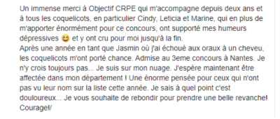 Un immense merci à Objectif CRPE qui m'accompagne depuis deux ans et à tous les Coquelictots, en particulier Cindy, Laetitia et Marine, qui en plus de m'apporter énormément pour ce concours, ont supporté mes humeurs et y ont cru pour moi jusqu'à la fin.