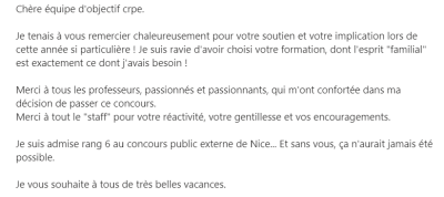 Je tenais à vous remercier chaleureusement pour votre soutien et votre implication lors de cette année si particulière ! Je suis ravie d'avoir choisi votre formation, dont l'esprit "familial" est exactement ce dont j'avais besoin !