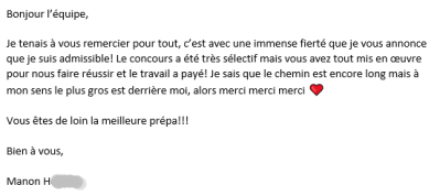 Le concours a été très sélectif mais vous avez tout mis en œuvre pour nous faire réussir et le travail a payé !