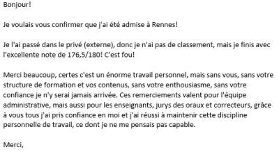 Merci beaucoup, certes c'est un énorme travail personnel, mais sans vous, sans votre structure de formation et vos contenus, sans votre enthousiasme, sans votre confiance je n'y serais jamais arrivée.