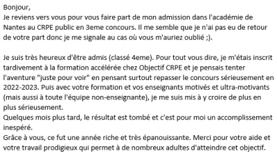 Avec votre formation et vos enseignants motivés et ultra-motivants (mais aussi à toute l'équipe non-enseignante), je me suis mis à y croire de plus en plus sérieusement. Merci pour votre aide et votre travail prodigieux.