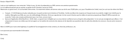 Grâce à vous, j'ai vécu la préparation au CRPE comme une aventure passionnante. Merci à OCRPE pour toute cette logistique, la qualité de l'accompagnement et des contenus, le choix des professeurs, etc. Je ne pourrais que recommander la formation.