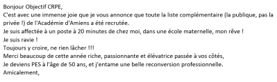 Je suis ravie ! Toujours y croire, ne rien lâcher !!! Merci beaucoup de cette année riche, passionnante et élévatrice passée à vos côtés, Je deviens PES à l'âge de 50 ans, et j'entame une belle reconversion professionnelle.