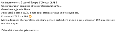 Un énorme merci à toute l'équipe d'Objectif CRPE !  Une préparation complète et très professionnalisante