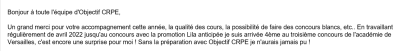 En travaillant régulièrement de avril 2022 jusqu'au concours avec la promotion Lila anticipée je suis arrivée 4ème au troisième concours de l'académie de Versailles, c'est encore une surprise pour moi !