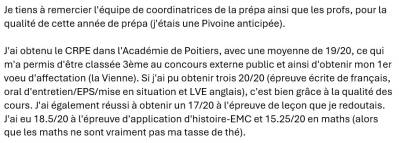 J'ai obtenu le CRPE dans l'Académie de Poitiers, avec une moyenne de 19/20