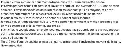 Je voulais vous remercier pour tout ce que j'avais appris sur le plan didactique, qui m'a beaucoup apporté cette année de suppléance et me donne confiance pour entrer dans ce beau métier !