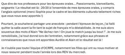 J'ai tout donné lors de l'entretien, notamment grâce aux phrases et connaissances que nous ont apportées Aurélie et Alain et le résultat est là !