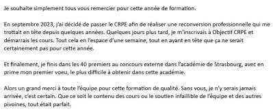 Je finis dans les 40 premiers au concours externe dans l’académie de Strasbourg, avec en prime mon premier voeu, le plus difficile à obtenir dans cette académie.
