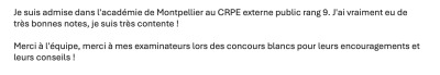 Je suis admise dans l'académie de Montpellier au CRPE externe public rang 9. J'ai vraiment eu de très bonnes notes, je suis très contente !